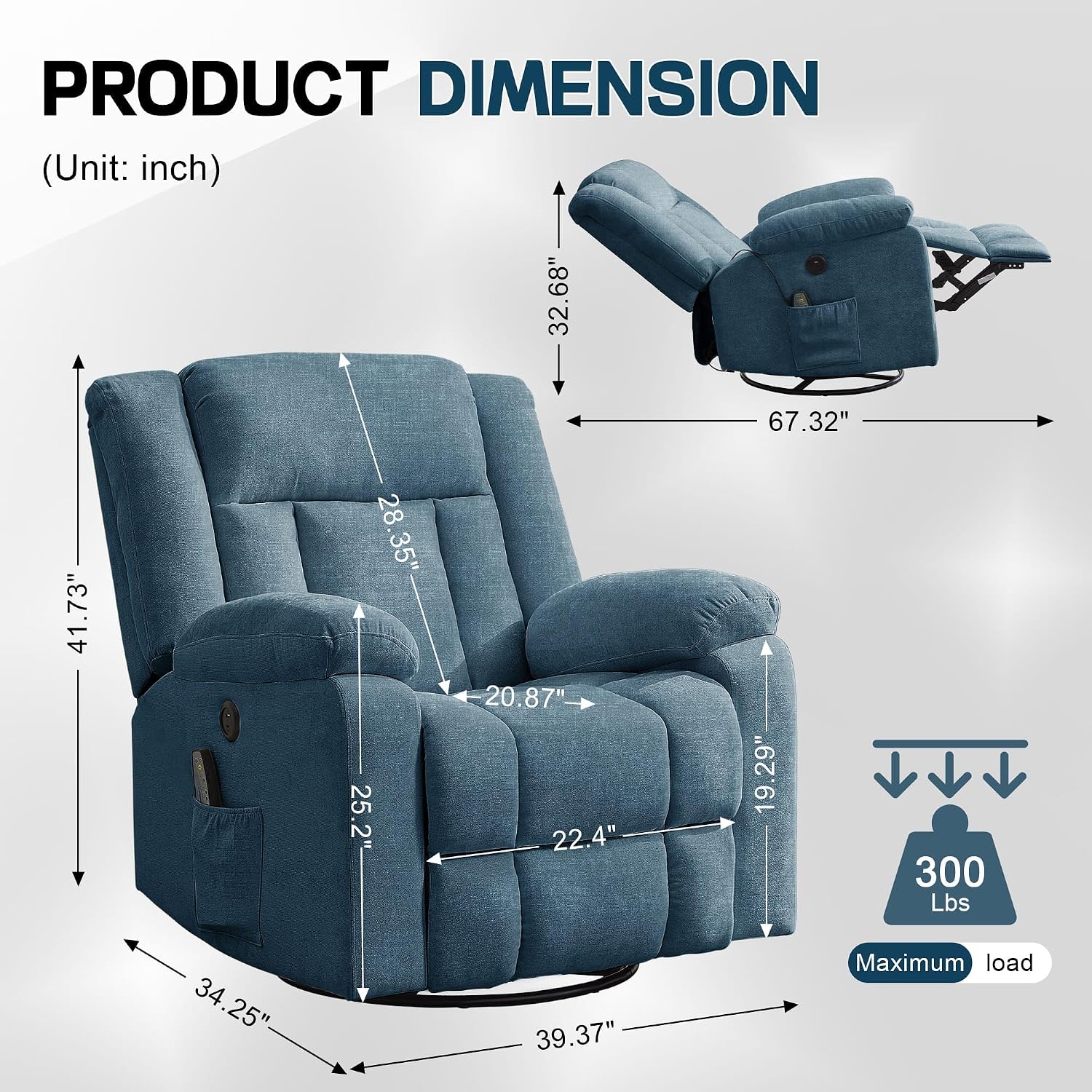 Korser Rocker Recliner, Glider Recliner Chairs for Adults, 360° Swivel Rocking Chair with Massage and Heating, Nursery Chair with Storage and USB Charging for Living Room, Bedroom, Nursery