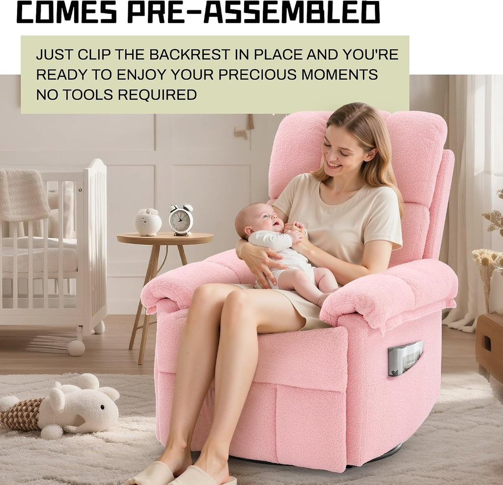 Korser Recliner Chair, Swivel Rocker Recliner Chair for Adults, Small Recliners for Small Spaces, Manual Recliner with Side Pockets, Upholstered Nursery Rocking Chair for Living Room, Sherpa, Pink