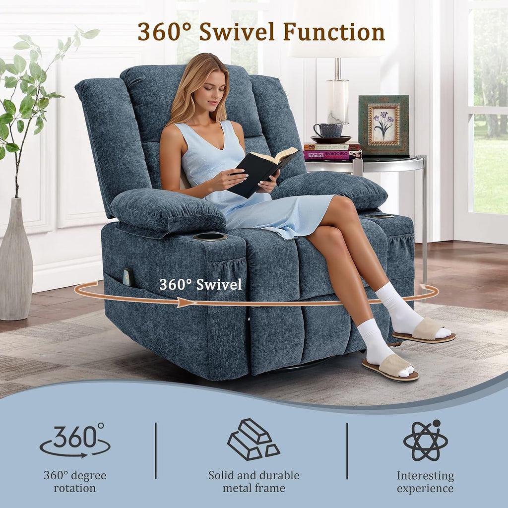 Korser 360° Swivel Rocker Recliner for Adults, Nursery Glider Recliner with Massage and Heating, Rocking Chair with Cup Holder, Manual Recliner Chair for Living Room, Bedroom (Fabric, Blue)