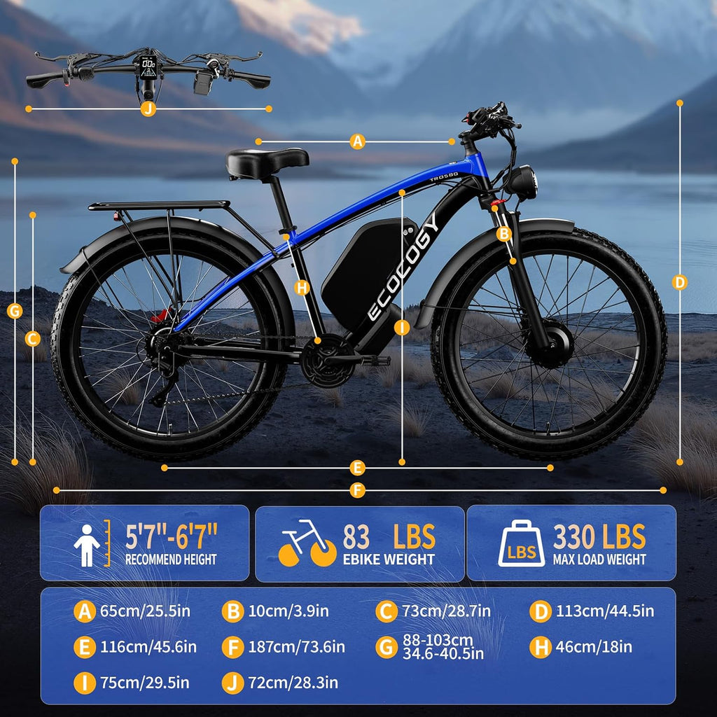 Dual Motor Electric Bikes for Adults, 6000W Peak Ebike, 52V 32Ah, Max 40-45 M P H &100 Miles E-Bike, Hydraulic Disc Brake, 26' Fat Tire Off Road Snow Mountain E-Bikes, 7-Speed Pedal Assist