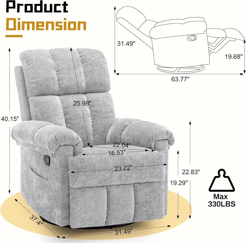 Korser Recliner Chair, Swivel Rocker Recliner Chair for Adults, Small Recliners for Small Spaces, Manual Recliner Chair with Side Pockets, Nursery Rocking Chair for Living Room, Chenille, Silver Grey