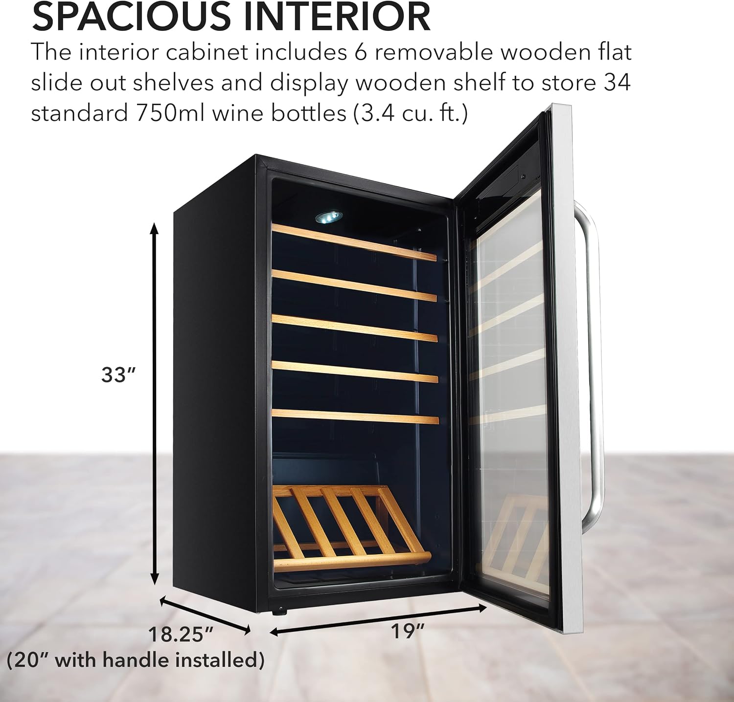 Whynter FWC-341TS 34 Bottle Freestanding Stainless Steel Wine Refrigerator with Display Shelf and Digital Control, Gray