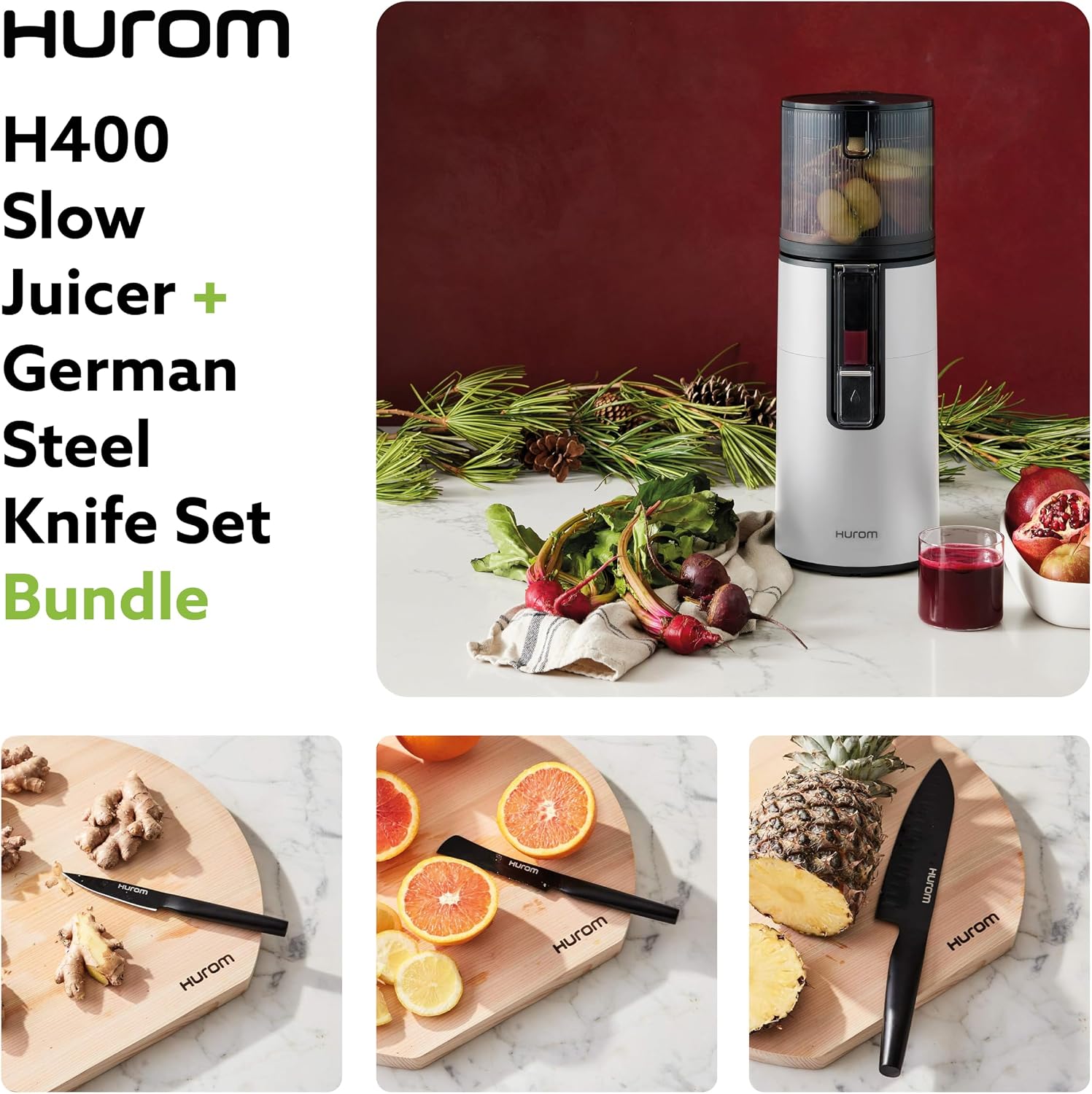 Hurom White H400 Award Winning Cold Press Juicer Machine with German Steel Knife Set, Strainer & Hands Free with Self-Feeding Hopper, Corrosion-Resistant Blades, Easy Assembly (550ml/ 18.6oz)