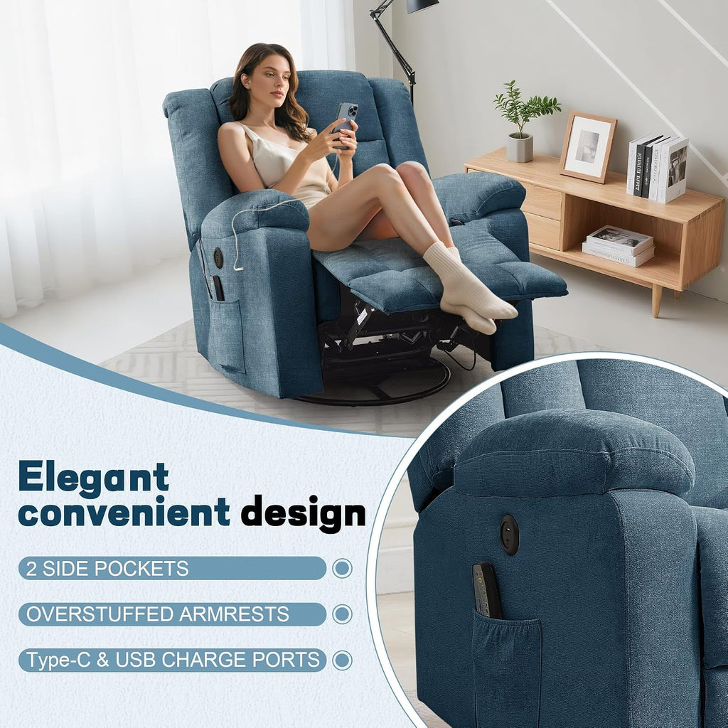 Korser Rocker Recliner, Glider Recliner Chairs for Adults, 360° Swivel Rocking Chair with Massage and Heating, Nursery Chair with Storage and USB Charging for Living Room, Bedroom, Nursery