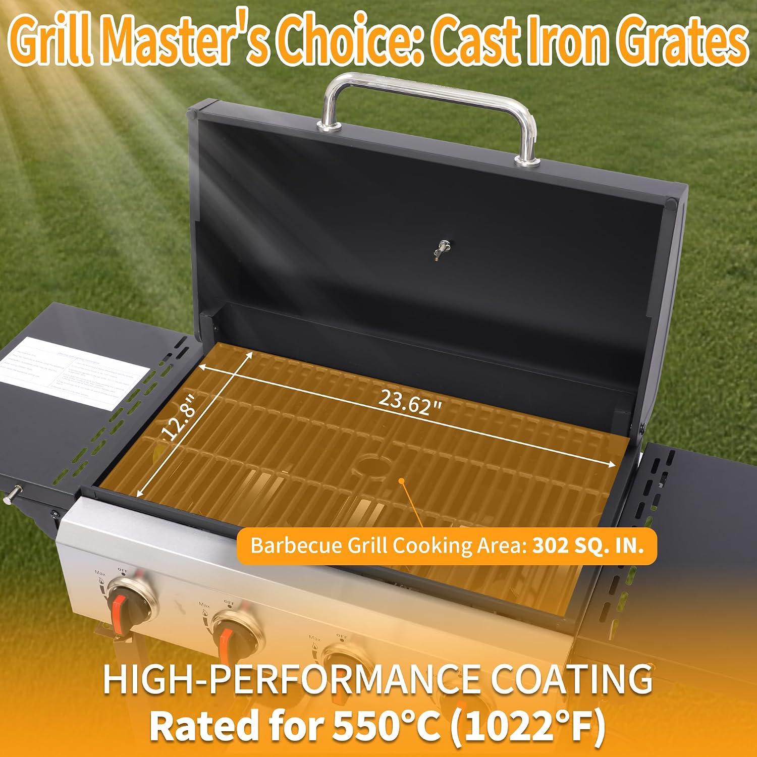 4-Burner Propane Gas Grill with Cast Iron Grates, 302 Sq. In. BBQ Grilling Space, Foldable Side Shelves for Portable Outdoor Patio Camping, Black