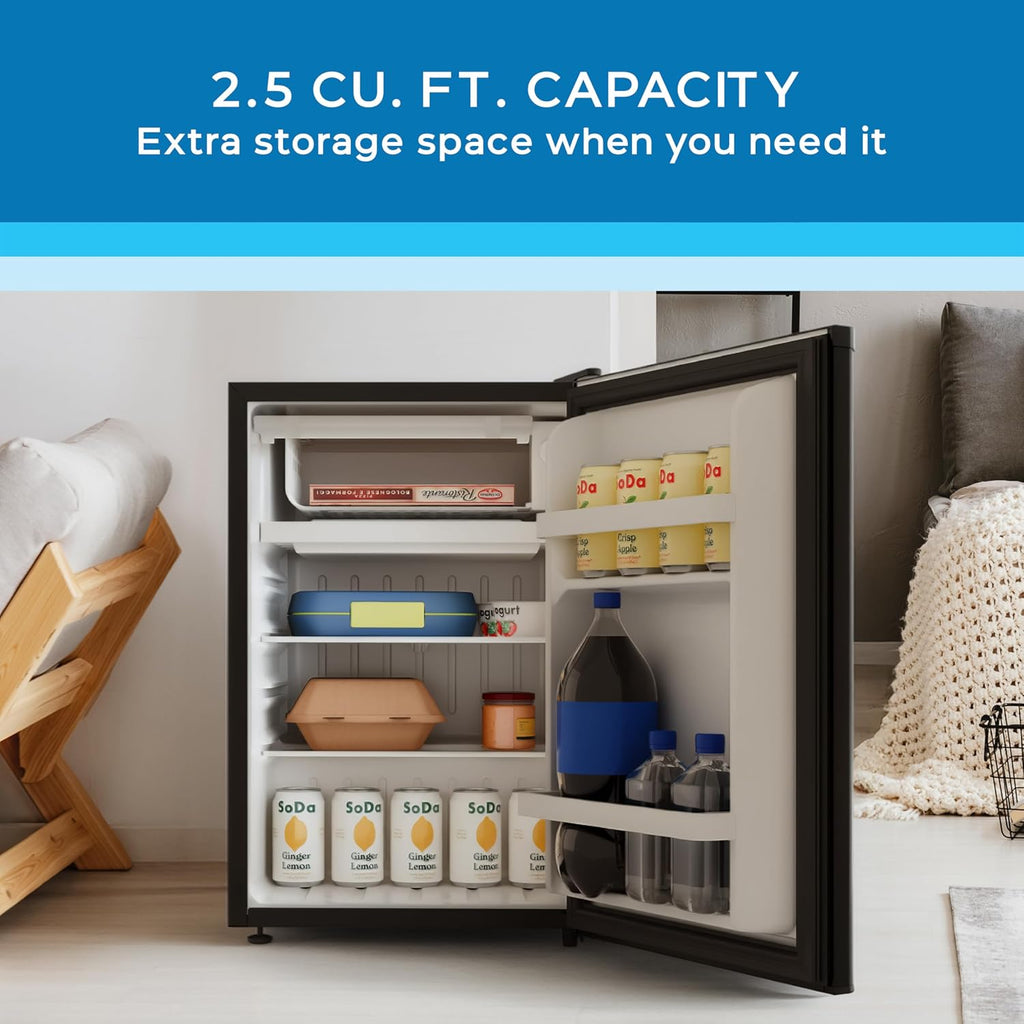 Avanti 2.5 Cu. Ft. Mini Fridge Compact Refrigerator for Dorm, Office & Bedroom, Chiller Compartment, Glass Shelf, Reversible Door, ENERGY STAR, Black