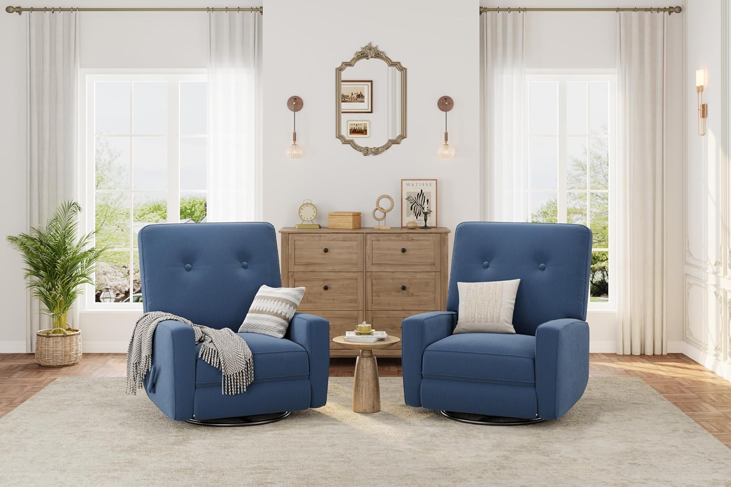 Garvee Nursery Recliner Chair, 360° Swivel Rocking Glider Chair for Adults with Adjustable Backrest & Footrest, Upholstered Armchair for Living Rooms, Bedrooms, Apartments, Blue