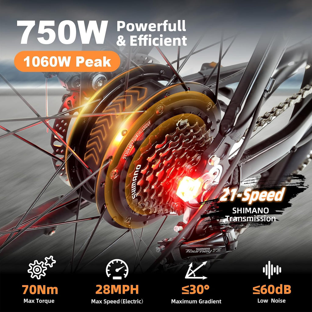HOTEBIKE Electric Bike for Adult 750W Electric Mountain Bike 48V 13AH Removable Battery Ebike with Suspension Fork Aluminium Frame, Professional 21-Speed Gears