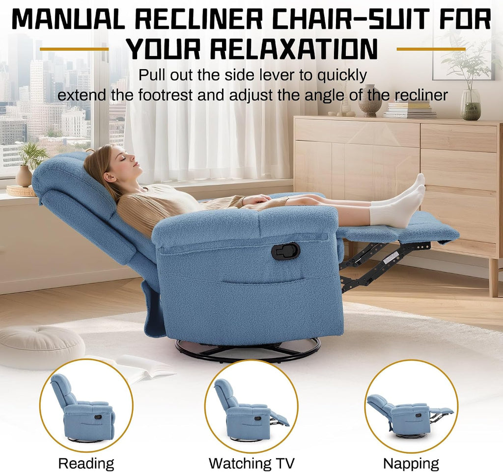 Korser Recliner Chair, Swivel Rocker Recliner Chair for Adults, Small Recliners for Small Spaces, Manual Recliner with Side Pockets, Upholstered Nursery Rocking Chair for Living Room, Sherpa, Blue