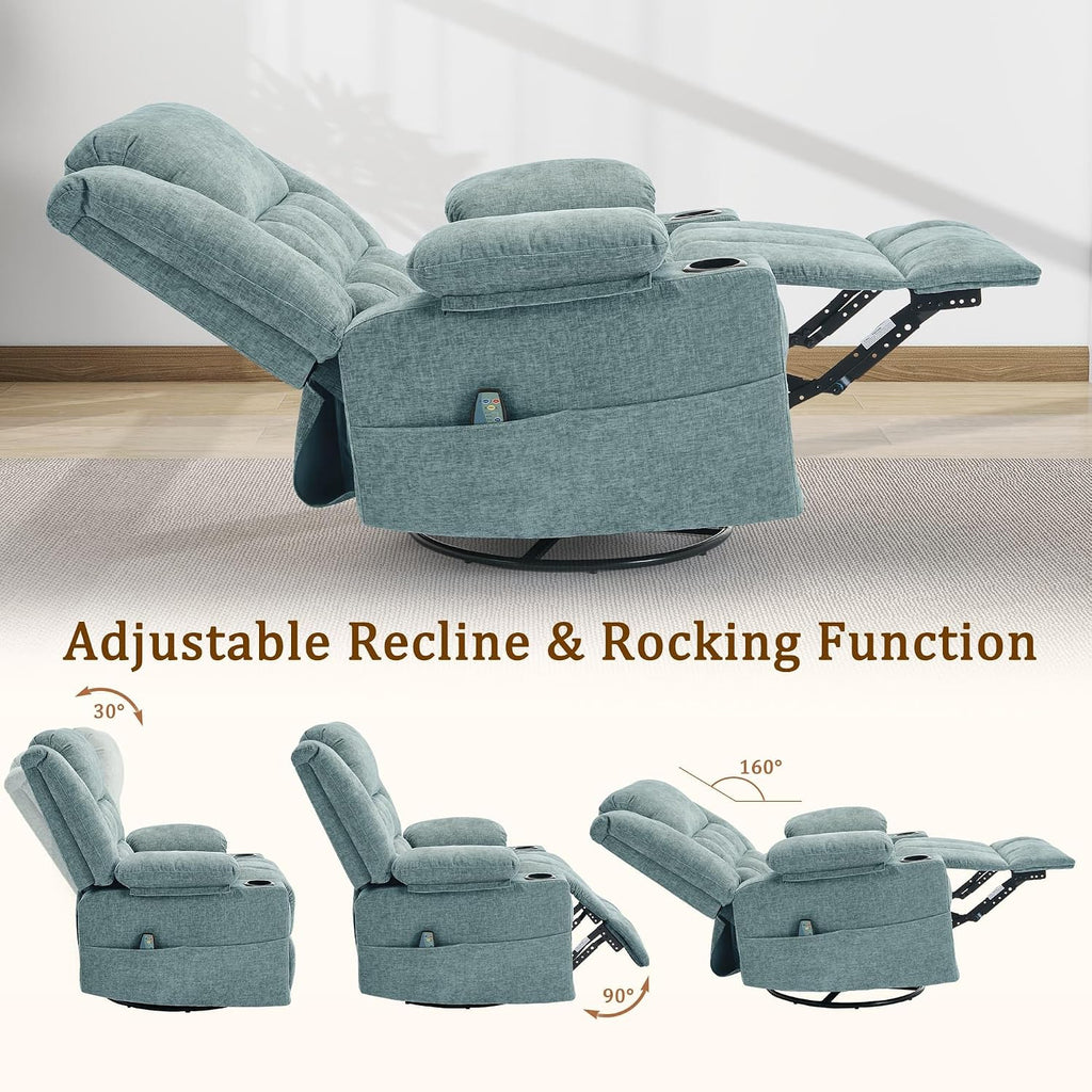 Korser Adult 360° Swivel Rocking Recliner, Nursery Rocking Chair with Massage and Heating Function, Cup Holder, Manually Adjustable Seat for Living Room and Bedroom (Fabric, Lake Blue)