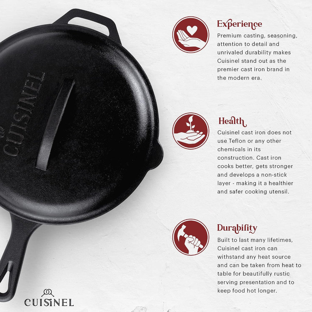 Cuisinel Cast Iron Skillets Set with Lids - 8'+10'+12'-inch Pre-Seasoned Covered Frying Pan Set + Silicone Handle and Lid Holders + Scraper/Cleaner - Indoor/Outdoor, Oven, Stovetop, Fire Safe Cookware