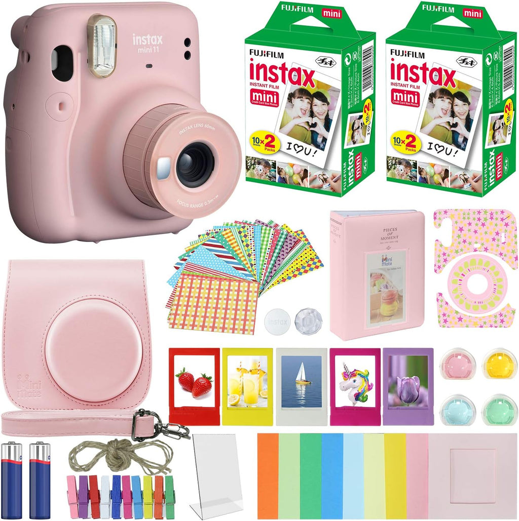 Fujifilm Instax Mini 11 Instant Camera Blush Pink + MiniMate Accessories Bundle + Fuji Instax Film Value Pack (40 Sheets) Accessories Bundle, Color Filters, Album, Frames