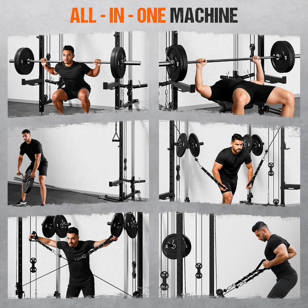 WM3-V4 Folding Squat Rack, Wall Mounted Power Rack with Dual Independent Pulley System, Functional Trainer with 5 Adjustable Function Modes for Space Saving