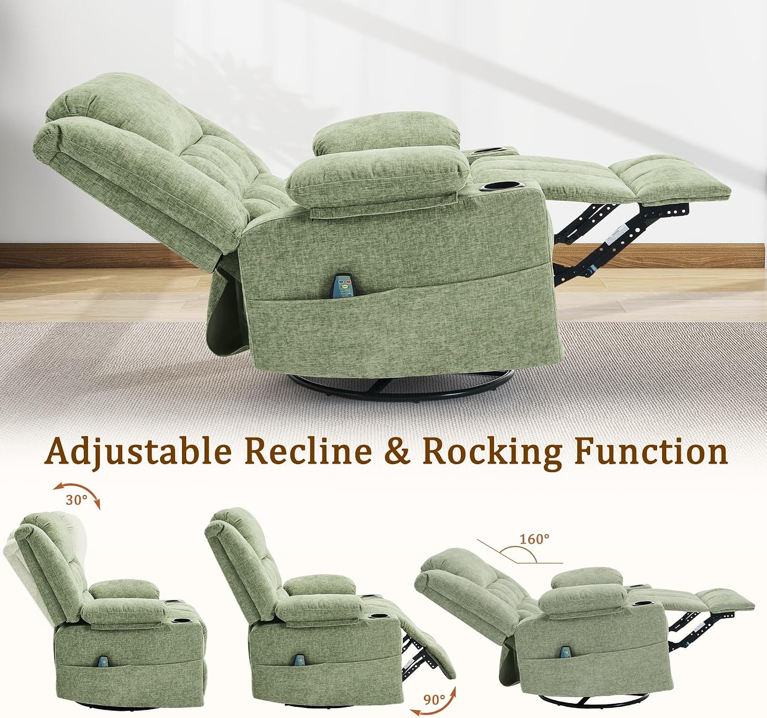 Korser Adult 360° Rotating Recliner with Massage and Heating Functions, Cup Holder and Manual Tilt Mechanism, Suitable for Living Room and Bedroom (Fabric, Turquoise)