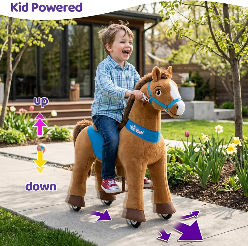 PonyCycle Ride on Horse Toys for Kids Riding Brown Horse Rocking Horse No Battery Required (with Brake/ 35.4' Height/Size 4) Ride-on Pony Giddy up Walking Mechanical Pony E437
