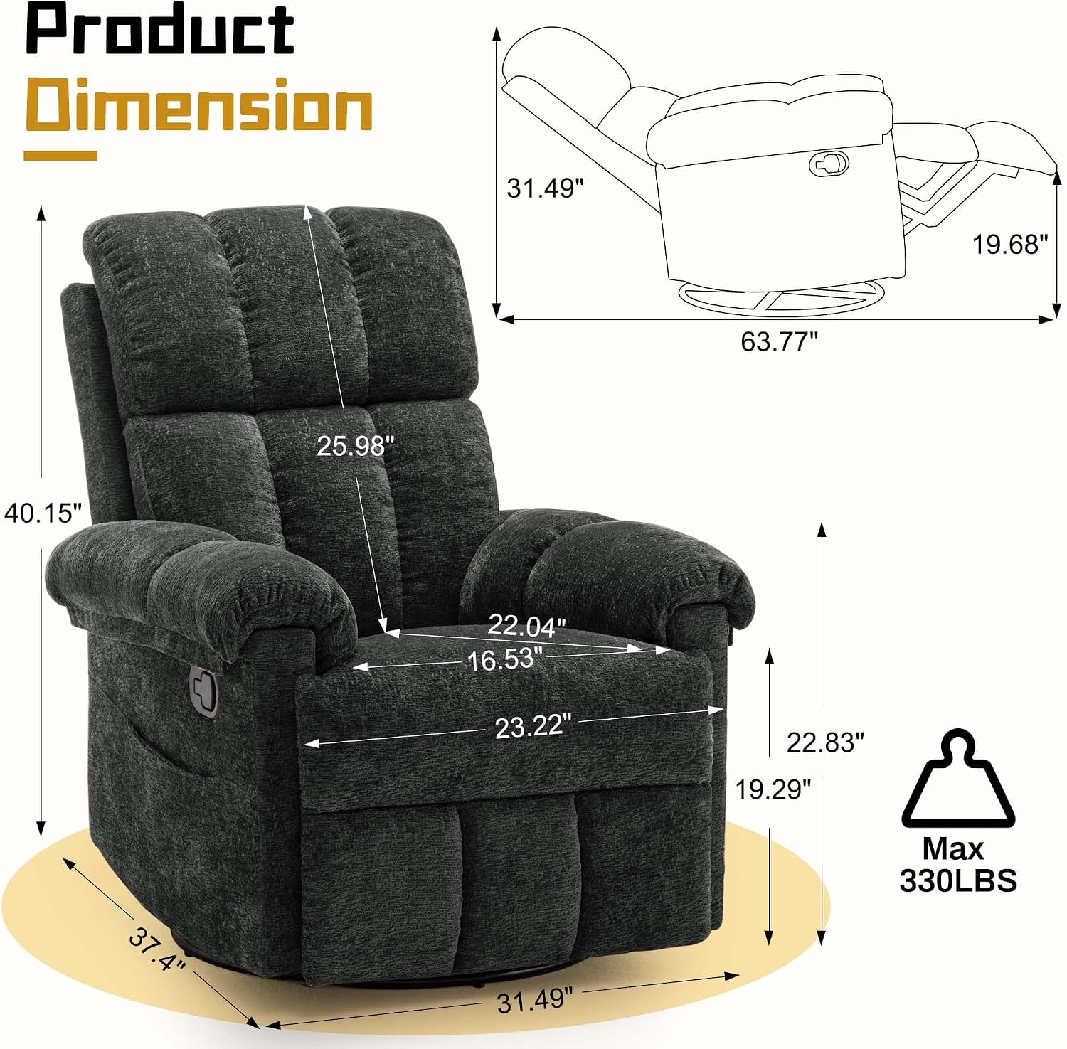 Korser Recliner Chair, Swivel Rocker Recliner Chair for Adults, Small Recliners for Small Spaces, Upholstered Manual Recliner with Side Pockets, Nursery Rocking Chair for Living Room, Chenille, Black