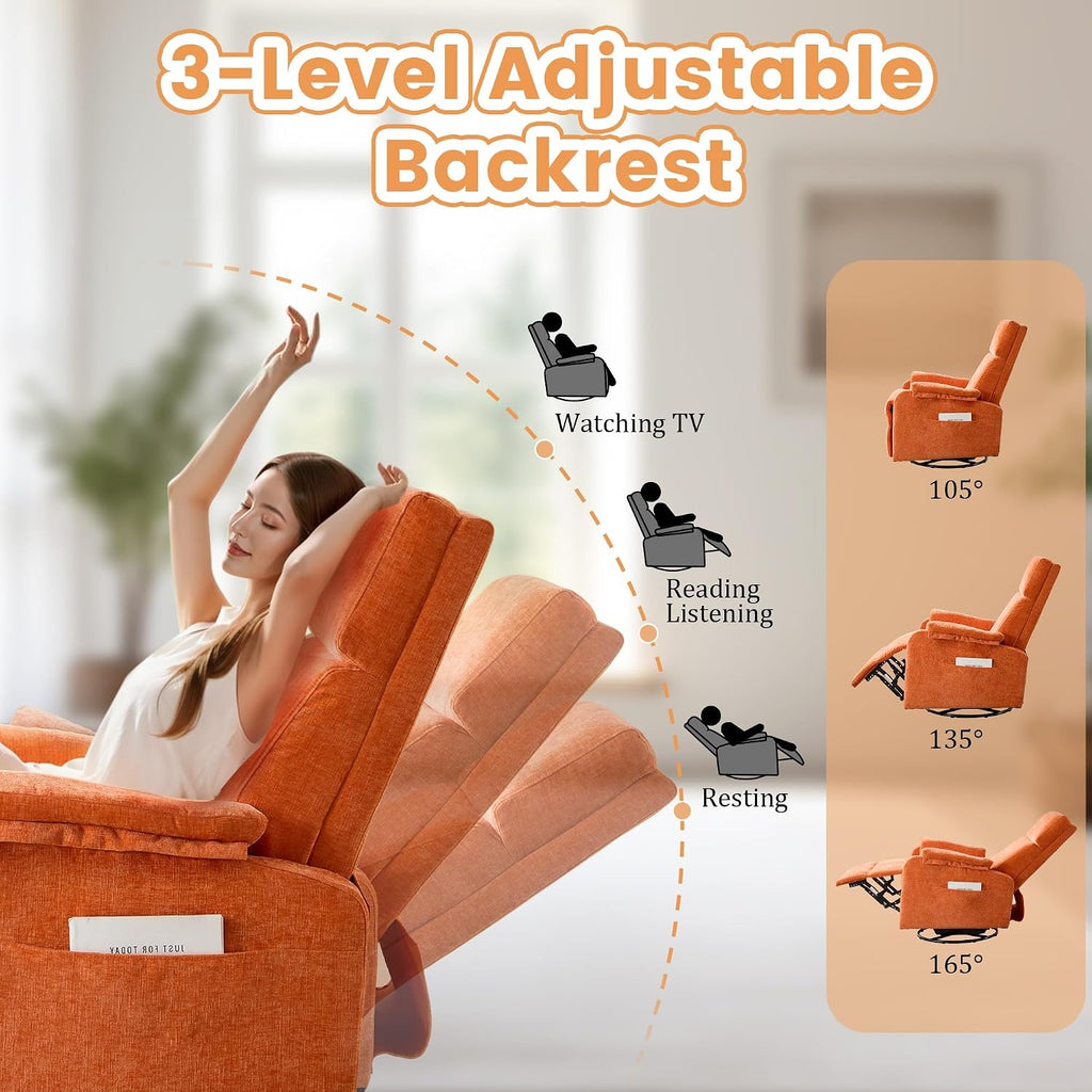 Korser Recliner Chair, Swivel Rocking Recliner Chair for Adults, Glider Rocking Chair, Small Nursery Chair Recliner for Living Room, Reclining Chair with Modern-Designed Armrests, Chenille, Orange