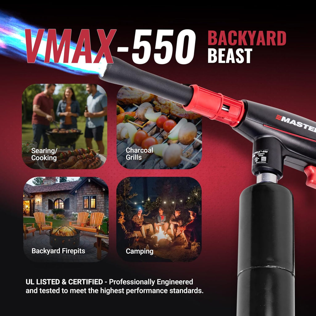 MASTER APPLIANCE VMAX-550 2-in-1 Propane Torch - High Powered Grill Gun & Fire Pit Starter - Self-Igniting Flame for BBQ's, Charcoal, Campfires & Sous Vide - Pro Grade Design, Engineered in USA