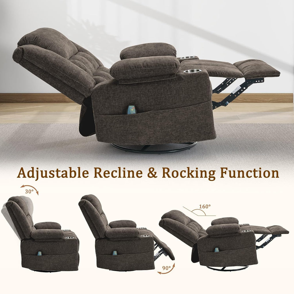 Korser 360° Swivel Rocker Recliner for Adults, Nursery Glider Recliner with Massage and Heating, Rocking Chair with Cup Holder, Manual Recliner Chair for Living Room, Bedroom (Fabric, Brown)