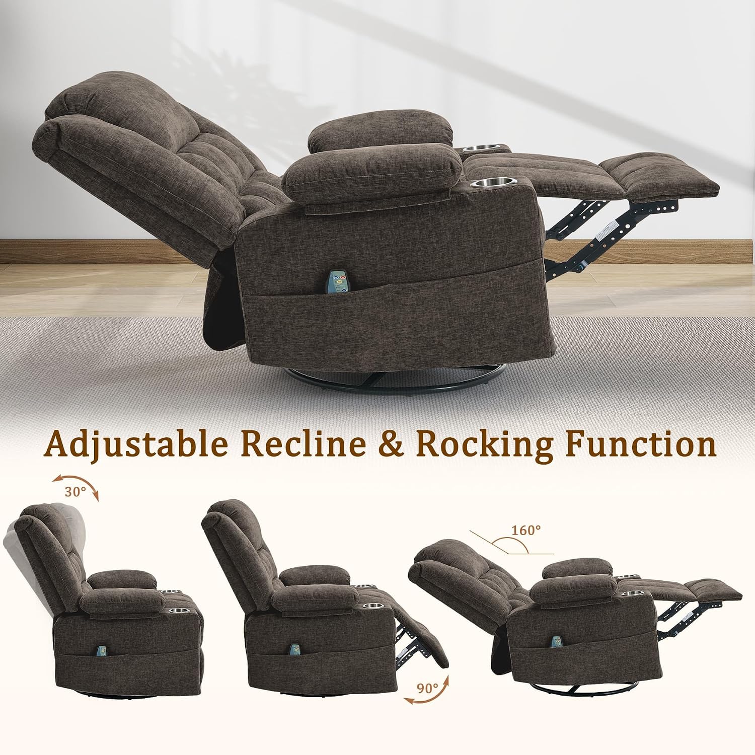 Korser 360° Swivel Rocker Recliner for Adults, Nursery Glider Recliner with Massage and Heating, Rocking Chair with Cup Holder, Manual Recliner Chair for Living Room, Bedroom (Fabric, Brown)
