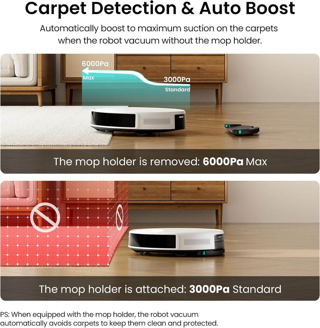 Lefant M350 Robot Vacuum and Mop Combo, 75-Day Self-Emptying, 190° PSD Obstacle Avoidance,6000Pa Suction，Quiet,Smart Navigation,Self-Charging, for Hard Floor, Carpet, Pet Hair,150 Min Runtime.White
