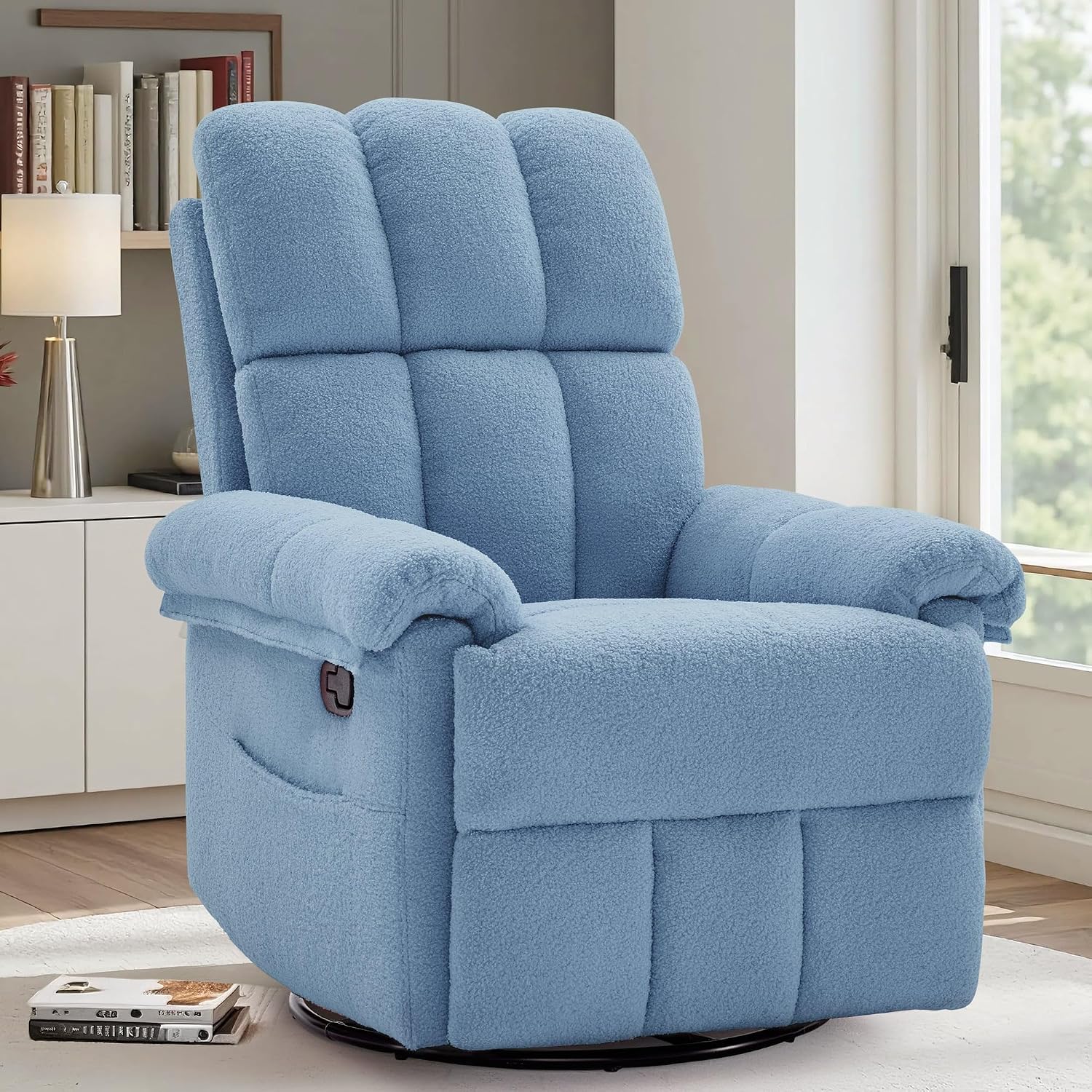 Korser Recliner Chair, Swivel Rocker Recliner Chair for Adults, Small Recliners for Small Spaces, Manual Recliner with Side Pockets, Upholstered Nursery Rocking Chair for Living Room, Sherpa, Blue