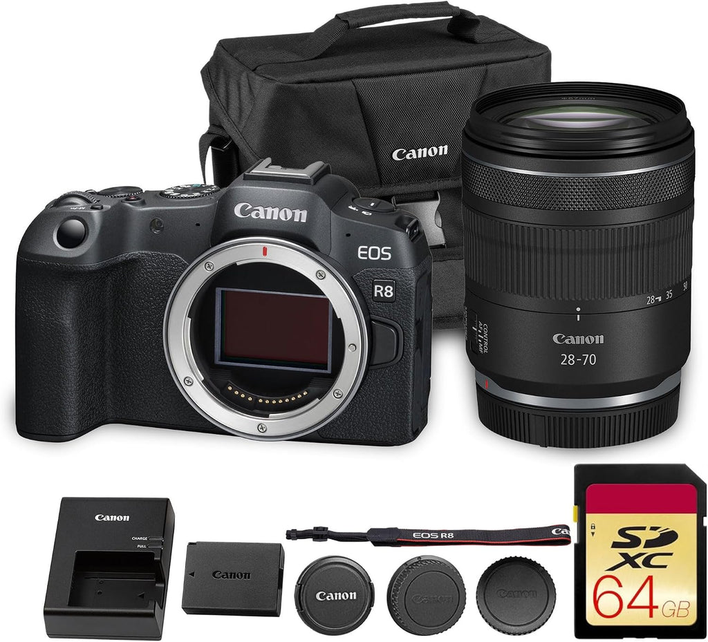 Canon EOS R8 Mirrorless Camera | 24.2MP Full Frame Sensor 4K 60p Video | Compact Lightweight Hybrid Camera for Travel and Content (5803C002) + Canon RF 28-70mm Lens + 64GB Card + Bag