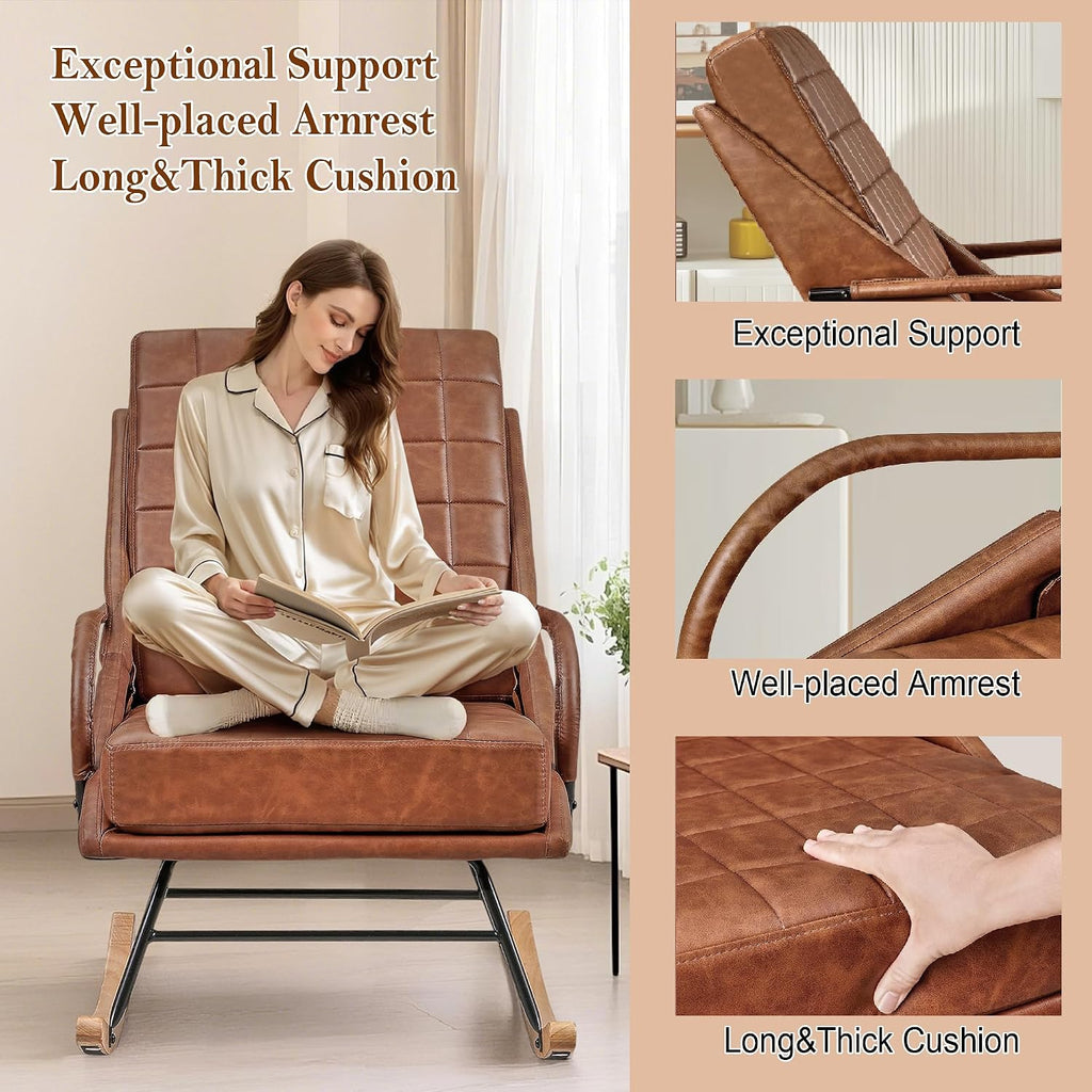 VECELO Rocking Chair Nursery, Over Size Leather Glider Rocker with High Backrest, Upholstered Removable Back, Brown
