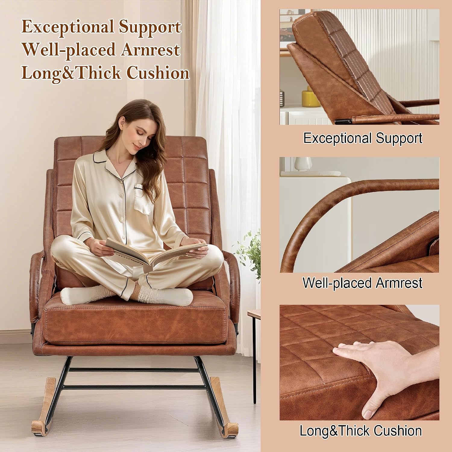 VECELO Rocking Chair Nursery, Over Size Leather Glider Rocker with High Backrest, Upholstered Removable Back, Brown