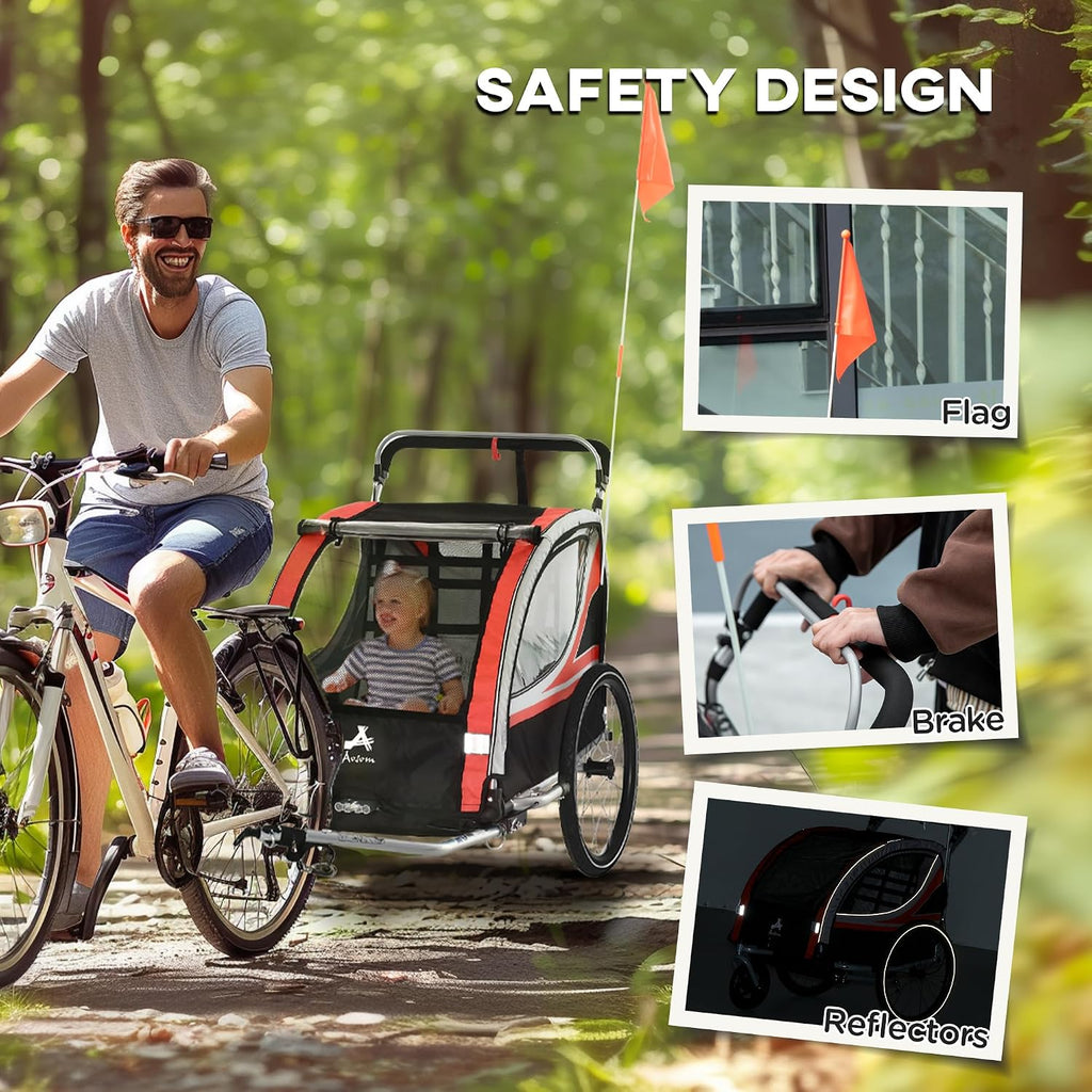 Aosom 3-in-1 Walk/Jog/Ride Child Baby Bike Trailer for Kids 2 Seater, High-Visibility Bike Stroller for Toddler Wagon, Weather-Strong Double Bicycle Trailer Accessory