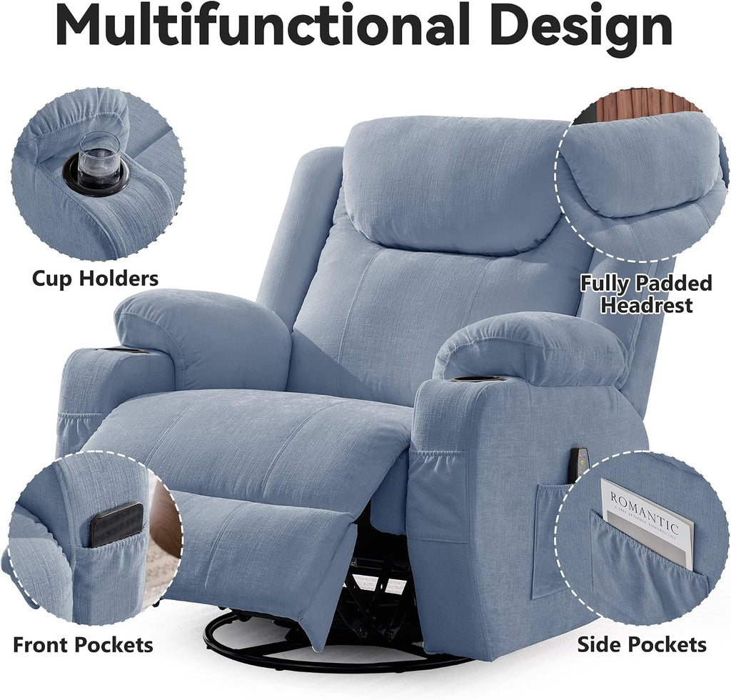 Korser Oversized Recliner Chair, 360° Swivel Recliner for Adults, Swivel Rocker Recliner Chair with Heat and Massage, Manual Recliner with Remote Control and Cup Holders for Living Room, Chenille