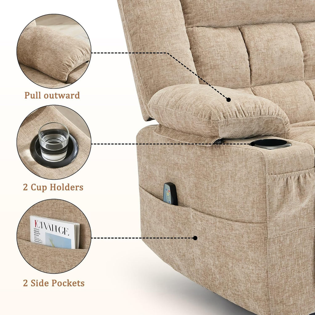 Korser 360° Swivel Rocker Recliner for Adults, Nursery Glider Recliner with Massage and Heating, Rocking Chair with Cup Holder, Manual Recliner Chair for Living Room, Bedroom (Fabric, Khaki)
