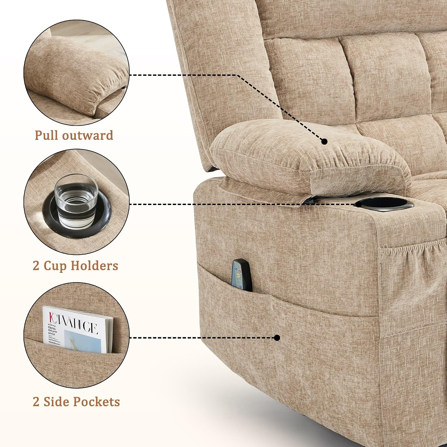 Korser 360° Swivel Rocker Recliner for Adults, Nursery Glider Recliner with Massage and Heating, Rocking Chair with Cup Holder, Manual Recliner Chair for Living Room, Bedroom (Fabric, Khaki)