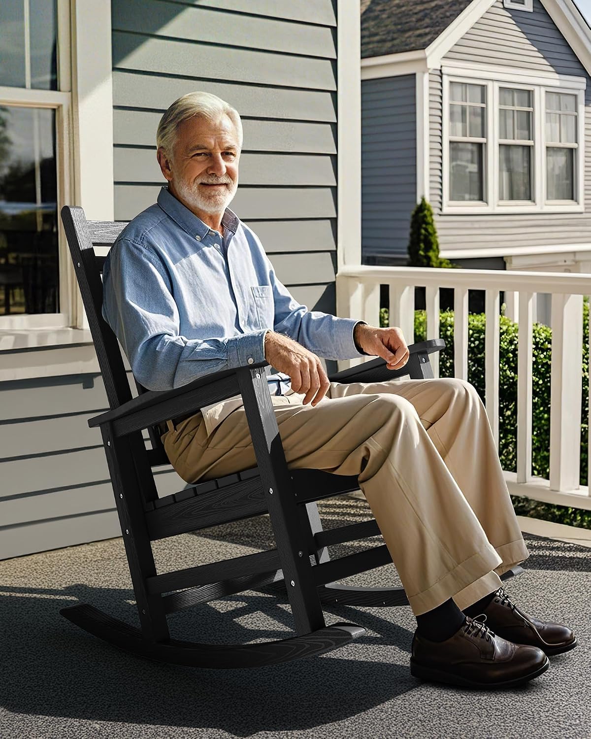 SERWALL HDPE Outdoor Rocking Chair Set of 8, Patio Rocking Chairs for Adults, All Weather Outdoor Rockers for Lawn, Grey
