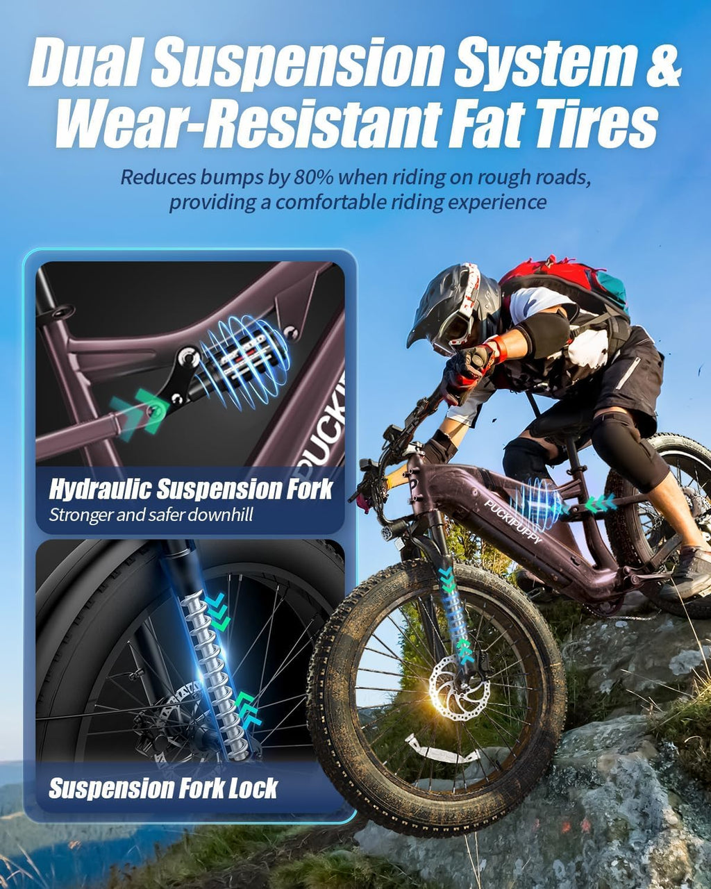 PUCKIPUPPY Electric Bike for Adults 1350W Peak Upgrade, 48V 20AH Battery Ebike, 26' Fat Tire Full Suspension Electric Mountain Bike, 80 Miles Range, 28 MPH, 8 Speed, Torque Sensor, Labrador Pro