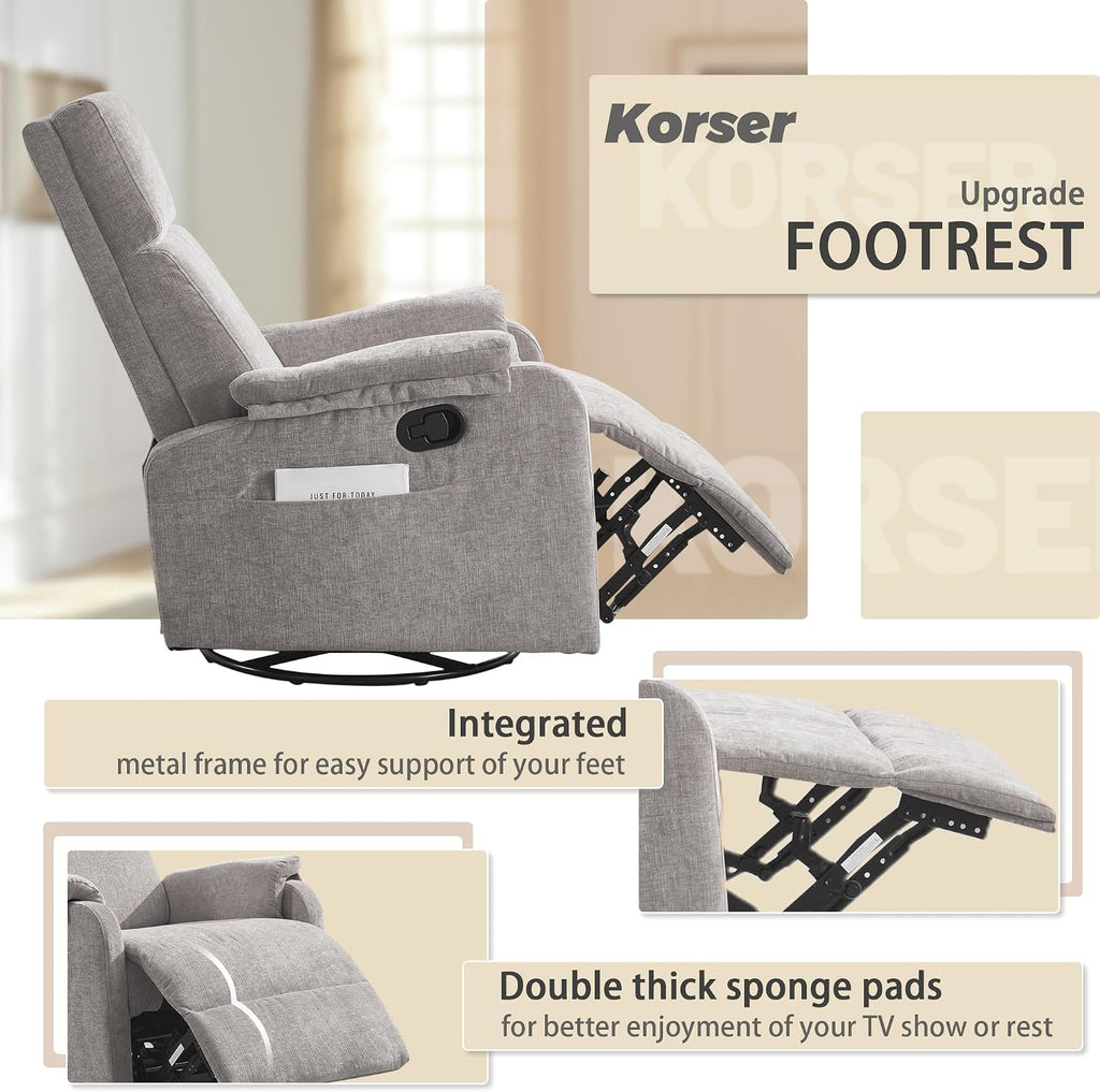 Korser Swivel Rocking Recliner with Massage, Small Glider Chair for Nursery, Modern-Designed Armrests Chair for Adults Living Room, Chenille, Grey