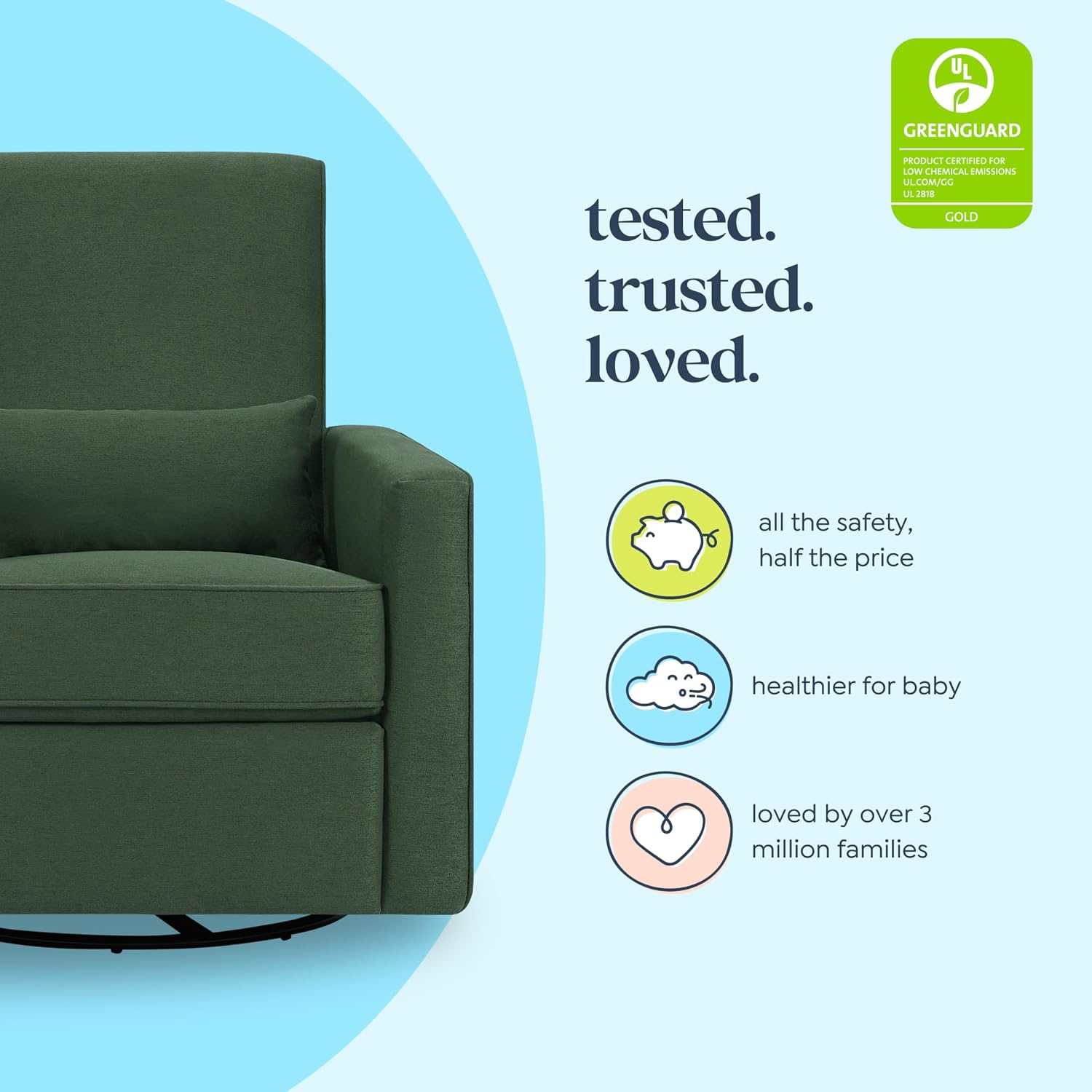 Davinci Piper Upholstered Recliner and Swivel Glider in Pine Green, Greenguard Gold & CertiPUR-US Certified
