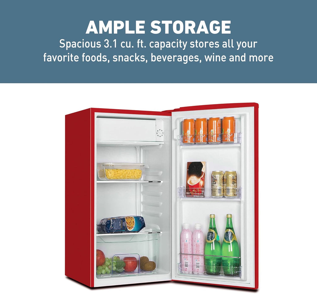 West Bend Mini Fridge for Bedroom, Office, Bar or College Dorm Room, Retro Compact Refrigerator features single door, removable glass shelves and adjustable temperature control, 3.0-Cu.Ft., Red