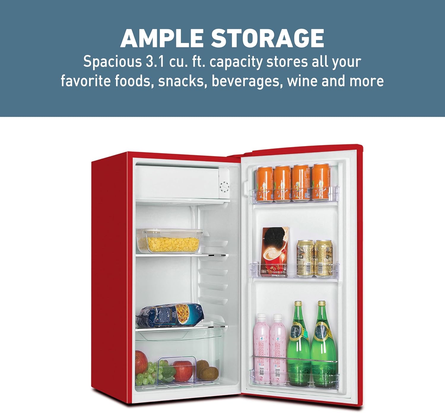 West Bend Mini Fridge for Bedroom, Office, Bar or College Dorm Room, Retro Compact Refrigerator features single door, removable glass shelves and adjustable temperature control, 3.0-Cu.Ft., Red