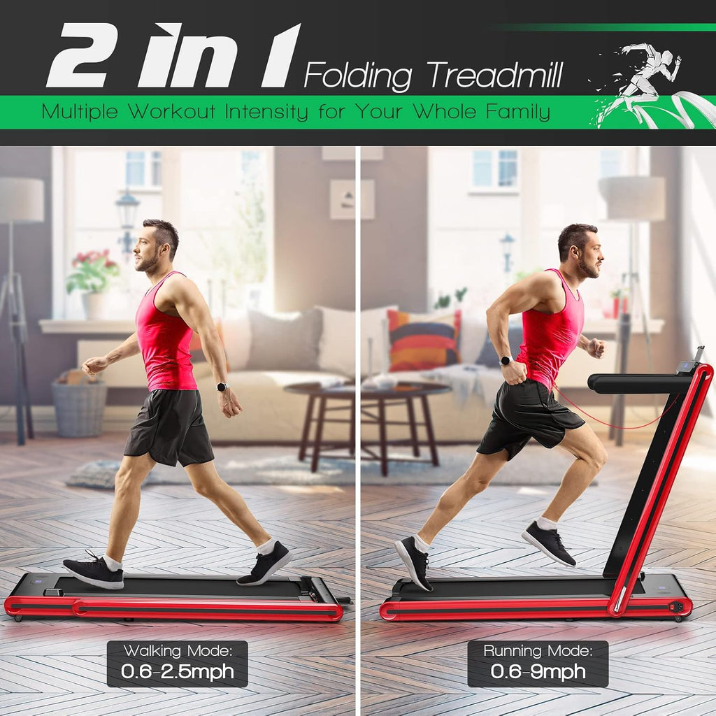 GYMAX 2 in 1 Under Desk Treadmill, Folding Running Machine with Dual LED Display, APP & Remote Control, Walking Pad Jogging Machine for Home Gym Small Space (Red)