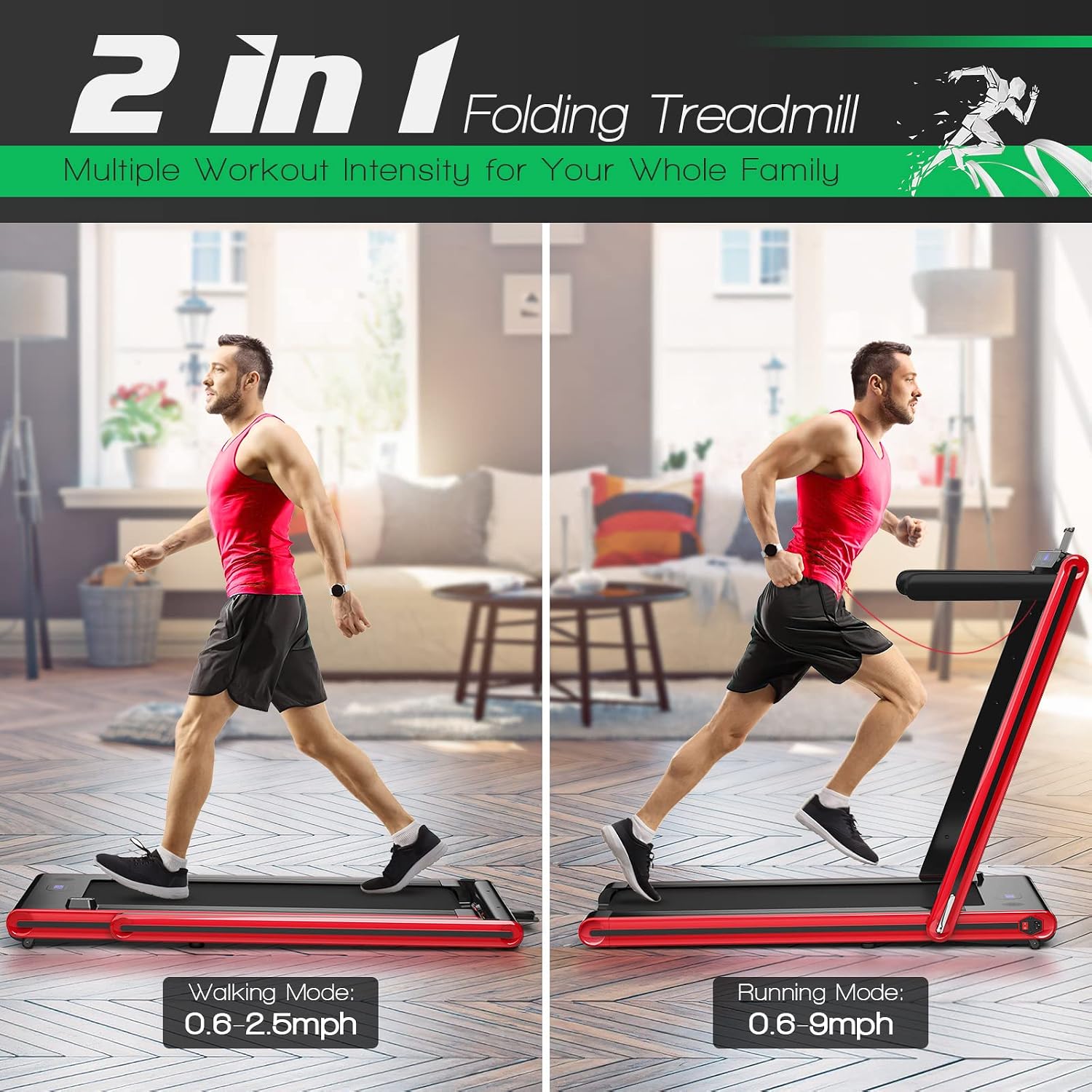 GYMAX 2 in 1 Under Desk Treadmill, Folding Running Machine with Dual LED Display, APP & Remote Control, Walking Pad Jogging Machine for Home Gym Small Space (Red)
