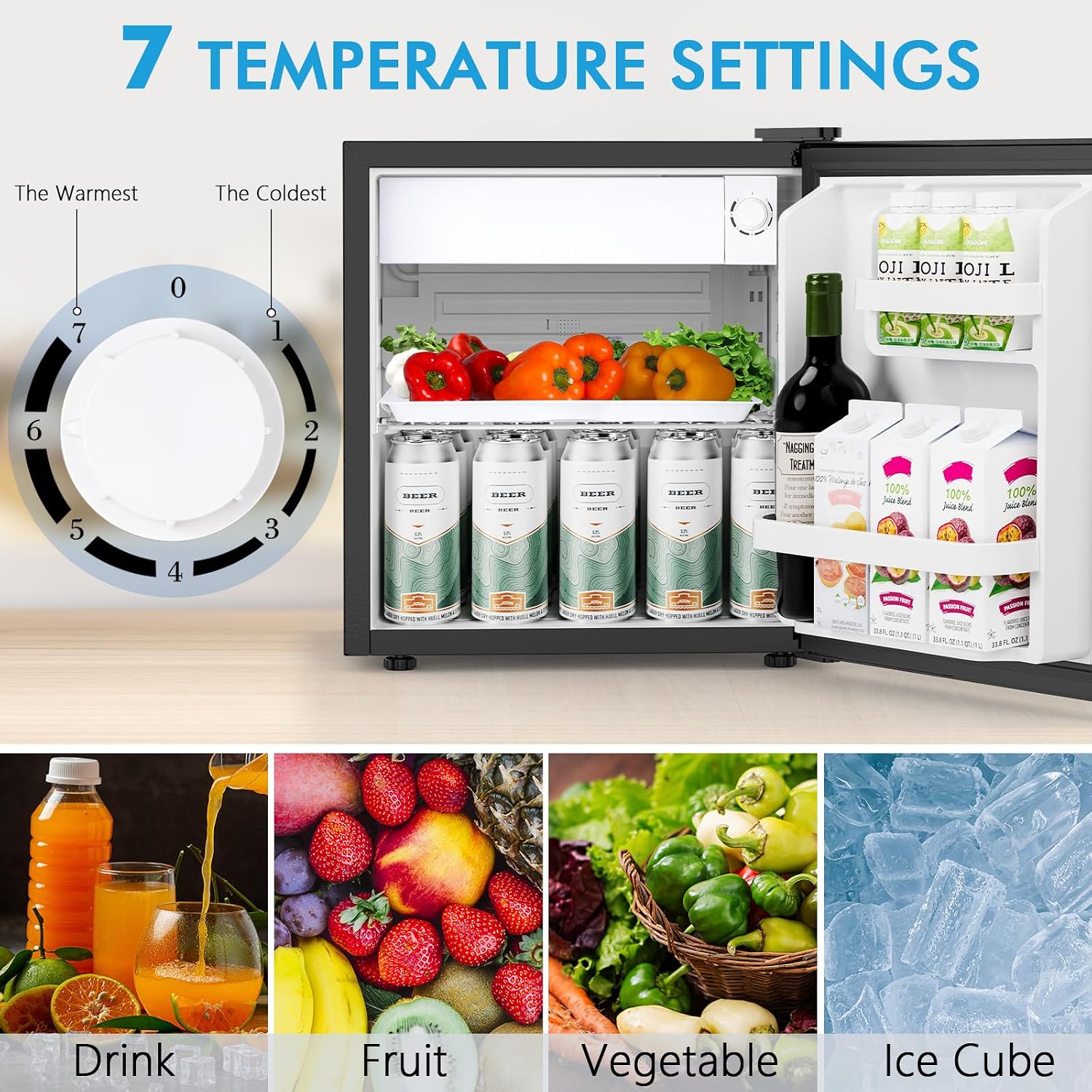 COWSAR 1.6 Cu.Ft Compact Fridge with Freezer, Compact Refrigerator with 7 Temperature Settings, Energy-efficient Low Noise Small Refrigerator Suitable For Dorm, Office, Bar, RV, Bedroom,Commercial