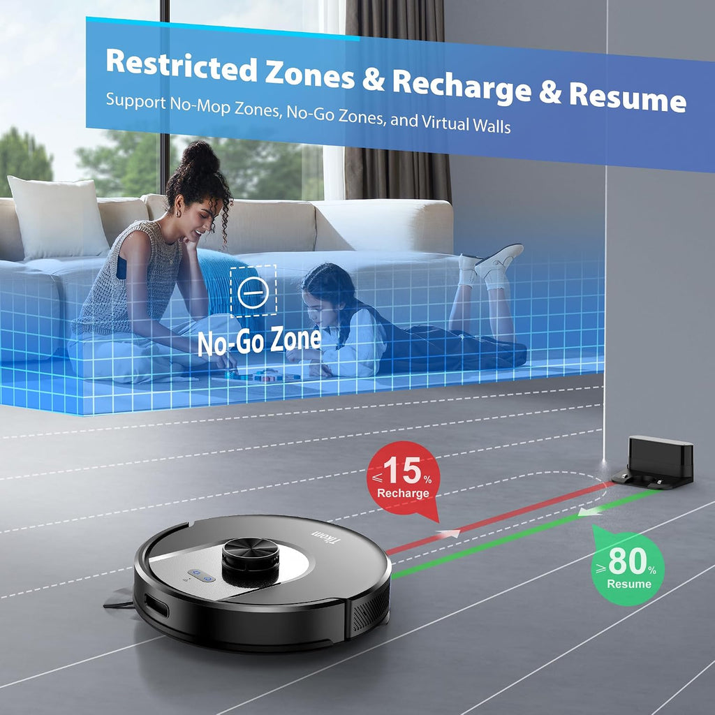 Tikom Robot Vacuum and Mop Combo, 6000Pa Automatic Robotic Vacuum Cleaner, Smart Mapping, 150 Min Max, Ideal for Pet Hair, Hardfloors, Carpets, Home(L8000 Pro)