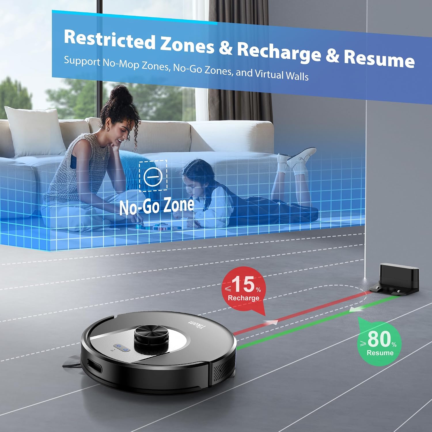 Tikom Robot Vacuum and Mop Combo, 6000Pa Automatic Robotic Vacuum Cleaner, Smart Mapping, 150 Min Max, Ideal for Pet Hair, Hardfloors, Carpets, Home(L8000 Pro)