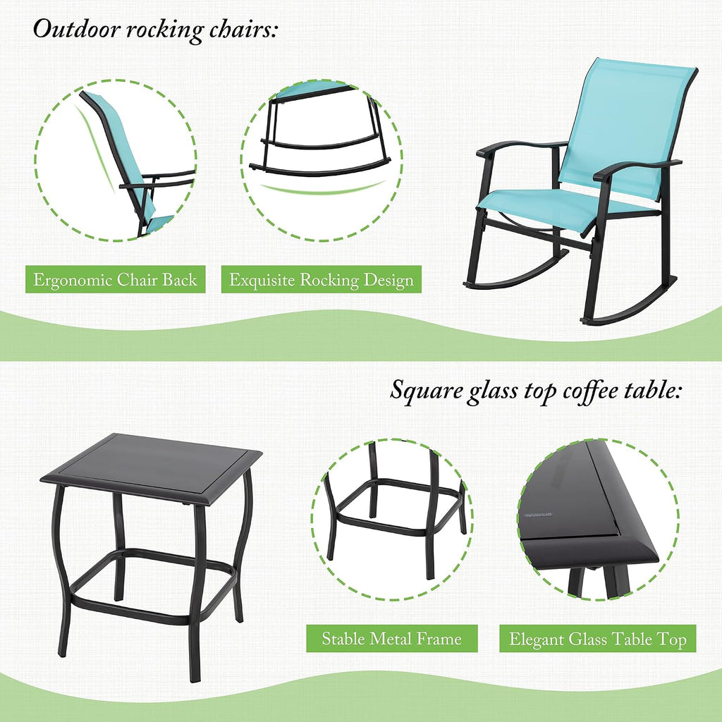 Shintenchi 3 Piece Rocking Bistro Set, Outdoor Furniture with Rocker Chairs and Glass Coffee Table Set of 3, Balcony, Porch Furniture for Small Space, Blue