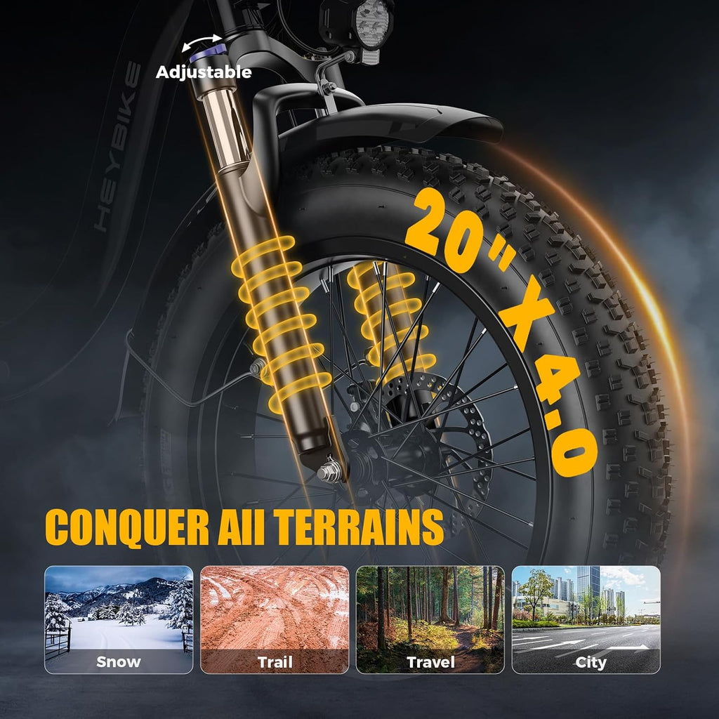 Heybike Ranger 2.0 Foldable Electric Bike for Adults, 20'*4 Fat Tire Ebike with 1400W Peak Motor, 28 MPH Max Speed, 600Wh Removable Battery, Up to 65 Miles Range, Front Suspension Step-Thru E Bike