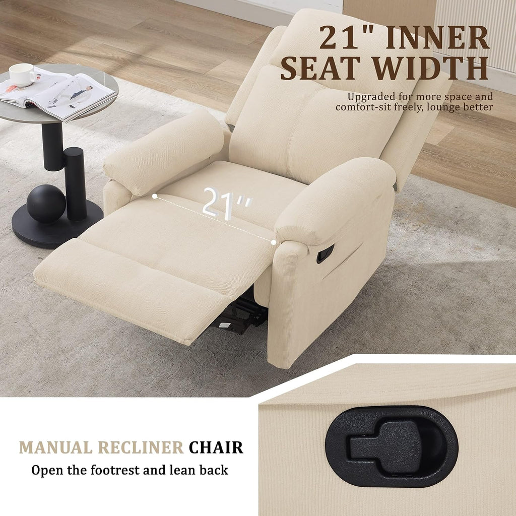 Korser Recliner Chair, Manual Recliner for Adults with Side Pocket, Small Recliners for Small Spaces, Adjustable Comfy Overstuffed Corduroy Reclining Chairs for Living Room, Reading, Bedroom, Beige
