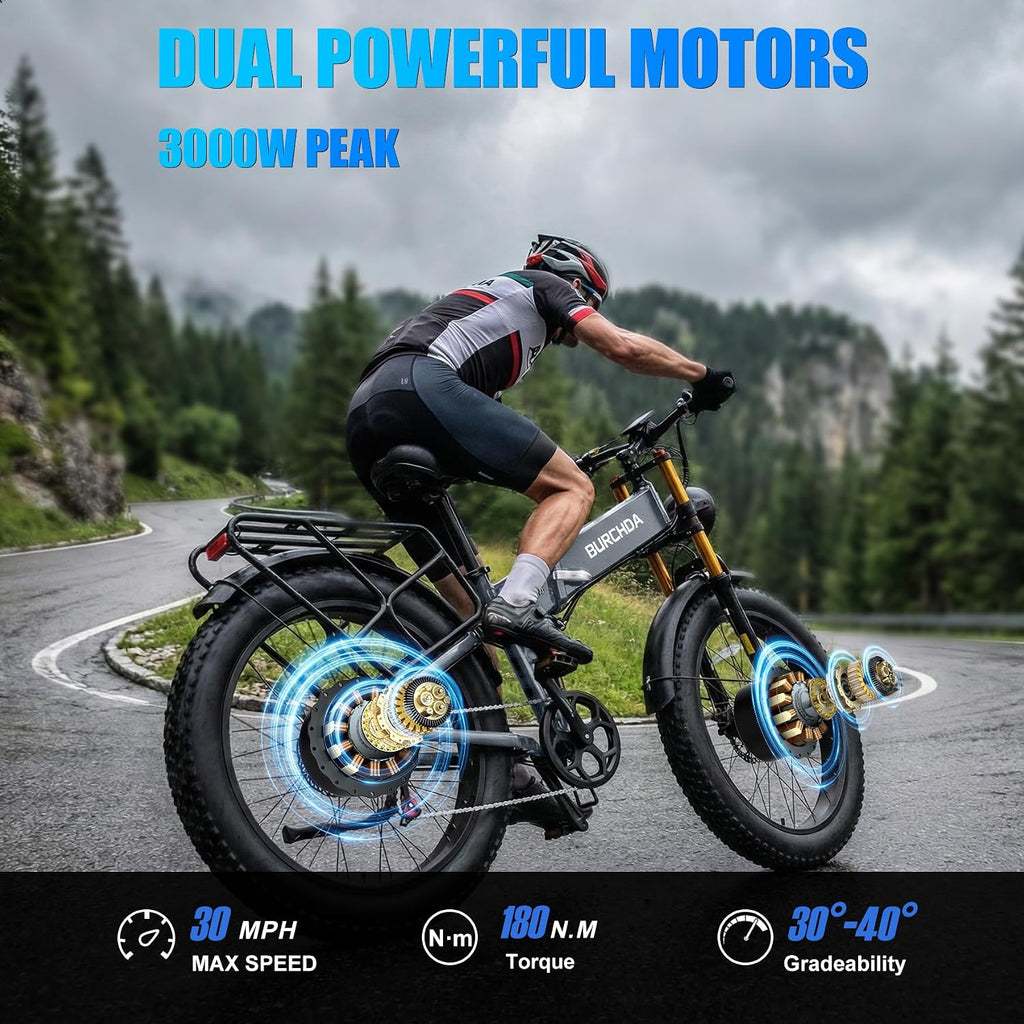 DAMSON Electric Bike for Adults Dual Motor AWD 5000W/3000W/1500W Peak 40MPH/30MPH Dirt Ebike, 52V/48V Max-Output Up to 65/80/120/160 Miles Long Range, 26' Full Suspension Fat Tire Mountains Bicycle