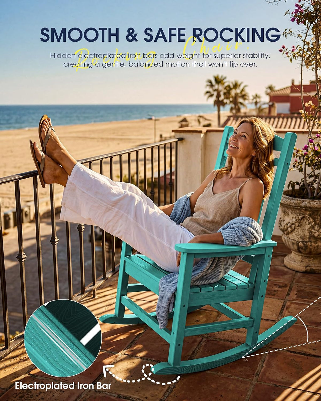 KINGYES Oversized Outdoor Rocking Chair Set of 2, High Density Polyethylene Patio Rocking Chairs with 350lbs Support for Adults, Aruba Blue