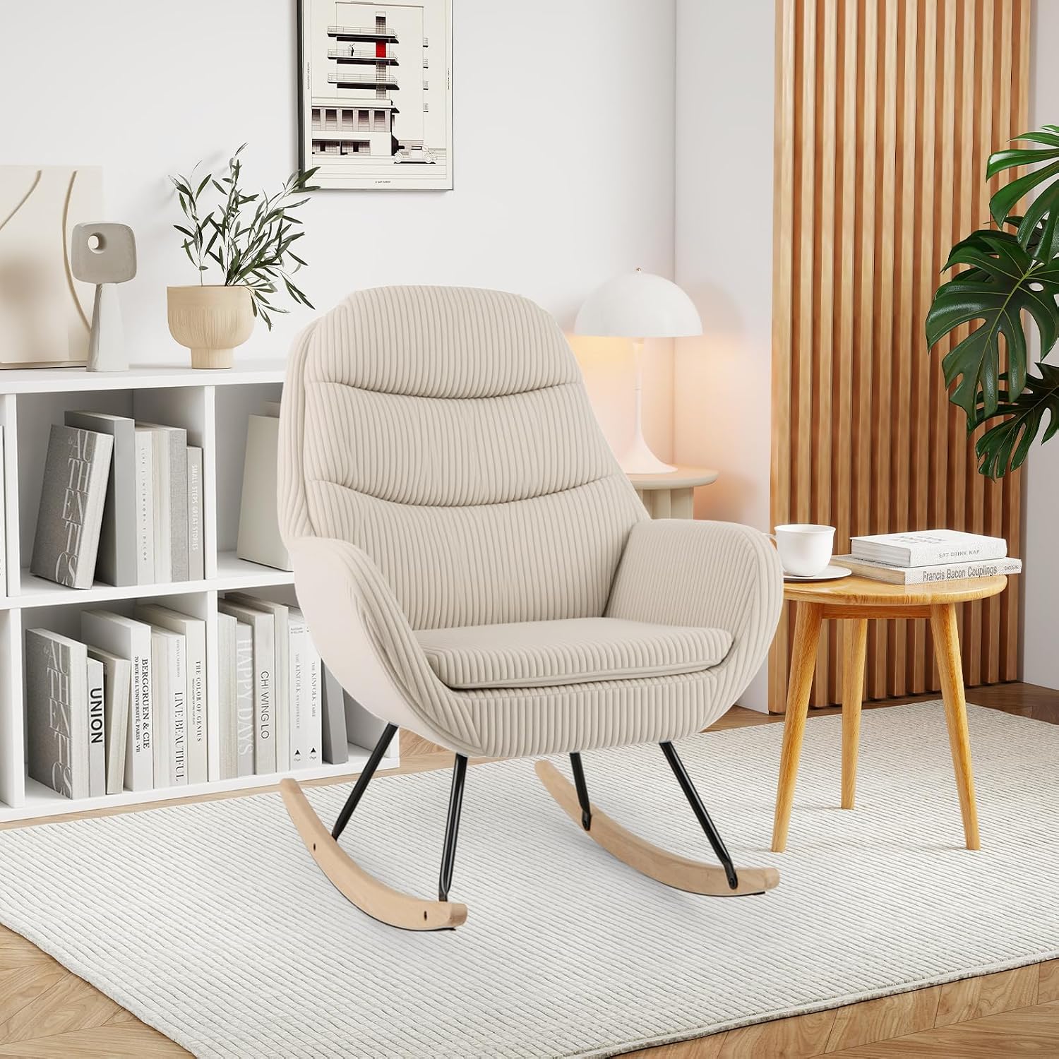 Giantex Rocking Chair Nursery, Upholstered Glider Rocker with Padded Backrest & Seat, Rubber Wood Feet & Sturdy Metal Frame, Modern Accent Chair Comfy Armchair for Living Room, Bedroom & Office (1)